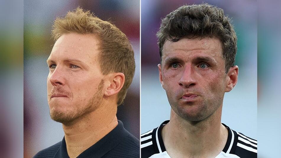 Bundestrainer Julian Nagelsmann (li.) und Thomas Müller sind sichtlich enttäuscht.