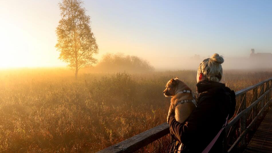 Frau bei Sonnenaufgang am Federsee