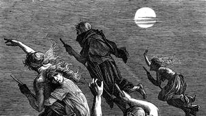 Illustration von Hexen, die auf ihren Besen reiten