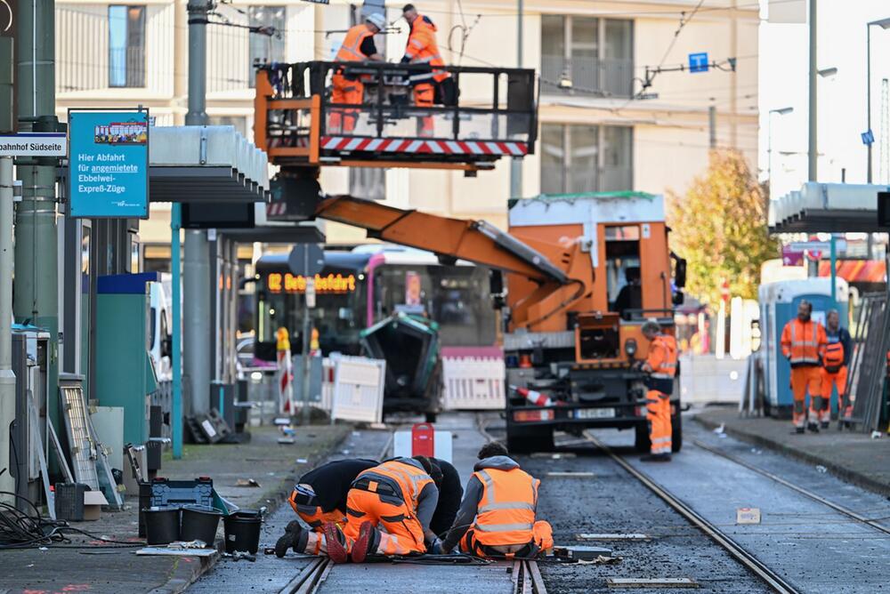 Straßenbahnbaustelle in Frankfurt am Main