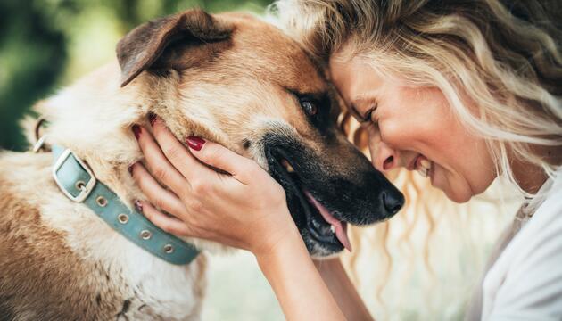 Eine Frau, die einen zärtlichen Moment mit ihrem Hund teilt.