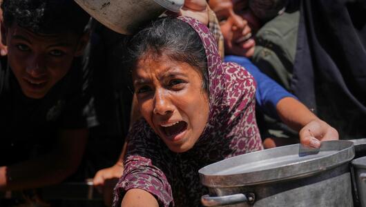 Eine Frau kämpft um Hilfsgüter in Gaza