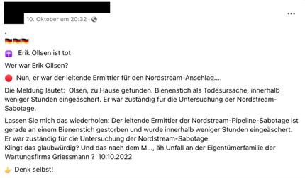 Leiter der Nord-Stream-Ermittlungen heiße Erik Ollsen und sei tot