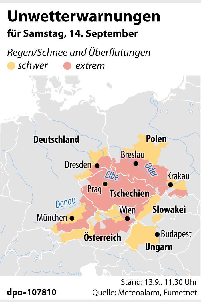 Karte: Unwetterwarnungen für Deutschland, Österreich, Ungarn, Tschechien und Polen vor Überflutungen