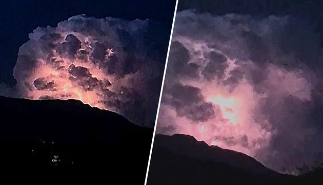 Feuerwerk der Natur: Gewitter lässt Wolke über Dorf in Italien leuchten