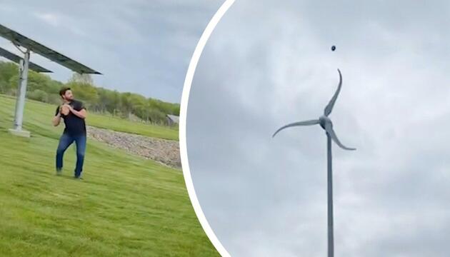Football trifft auf Windrad: Turbine schleudert Ball in den Himmel