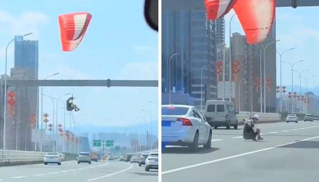 Flugverkehr: Paragliderin landet mitten auf chinesischer Autobahnbrücke