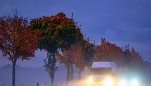 Fahrzeuge sind auf einer Landstraße am Abend im Nebel unterwegs