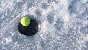 Tennisball liegt auf Eisfläche