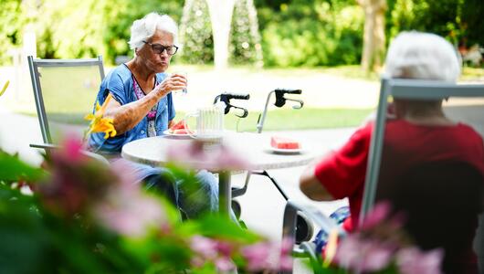 Zwei Senioren sitzen im Schatten in einer Grünanlage mit Fontäne.