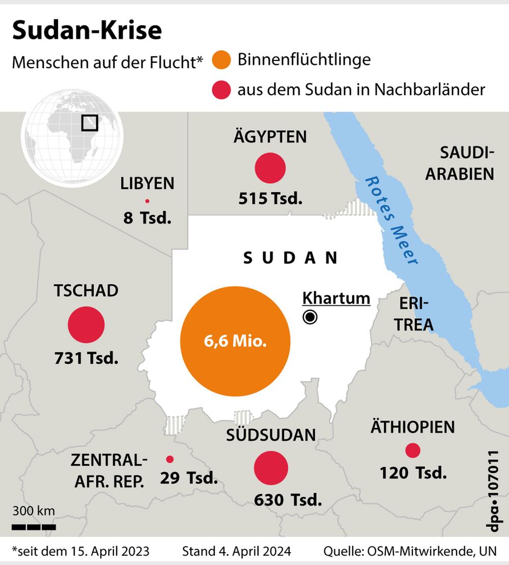 Karte Sudan und Nachbarländer mit Zahl der Flüchtlinge