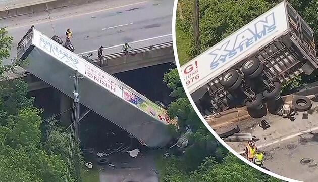 Sattelzug hängt von Brücke: Unfall legt Verkehr in Pennsylvania lahm