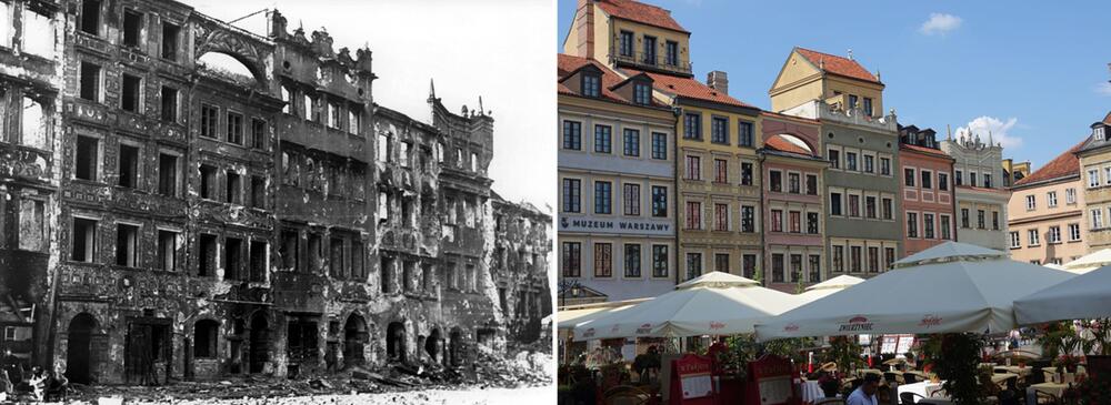 Marktplatz in der Altstadt von Warschau damals und heute