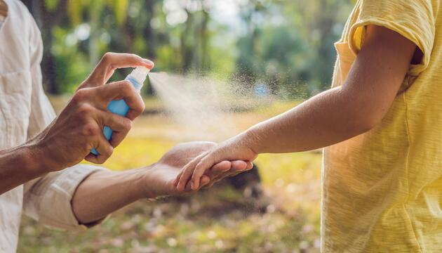 Mann sprüht Arm eines Kindes mit Insektenspray ein