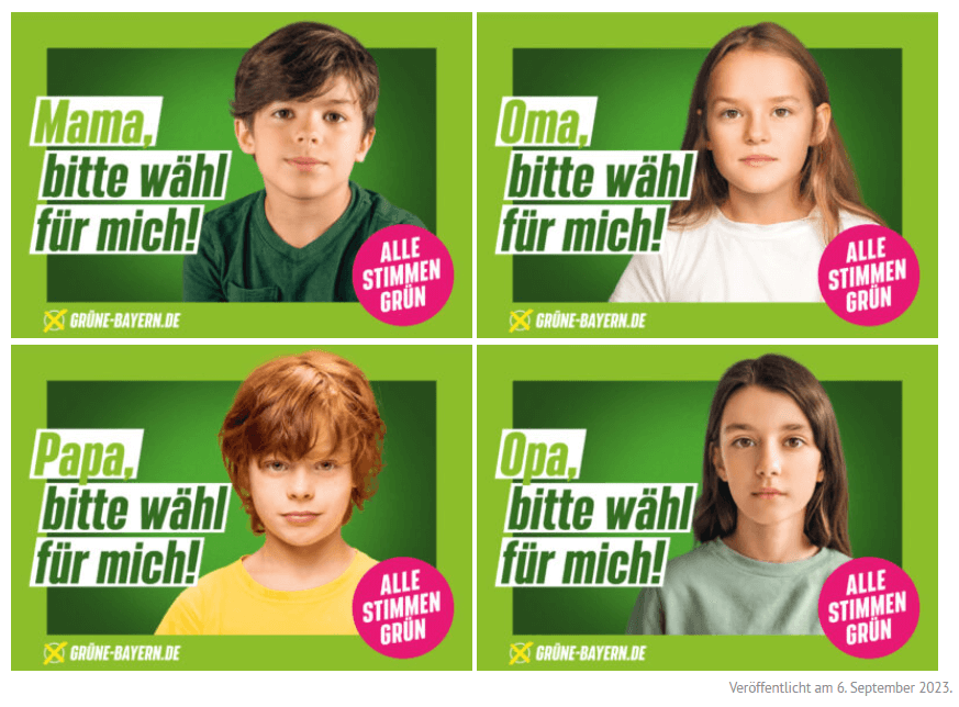 Echte Wahlplakate der Grünen, die im bayerischen Wahlkampf eingesetzt werden