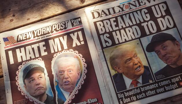 Zeitungen mit Bildern von Musk und Trump