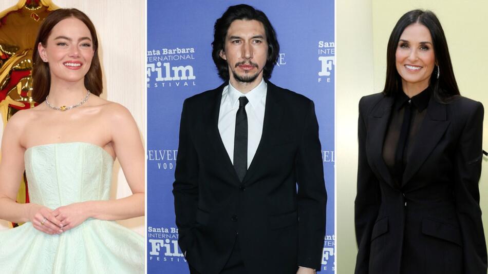 Sind allesamt mit einem Film im Wettbewerb vertreten: Emma Stone (li.), Adam Driver und Demi Moore.