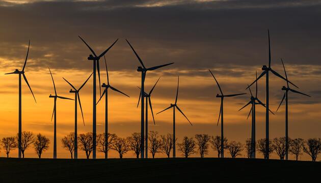 Windräder in einem Windpark bei Sonnenaufgang
