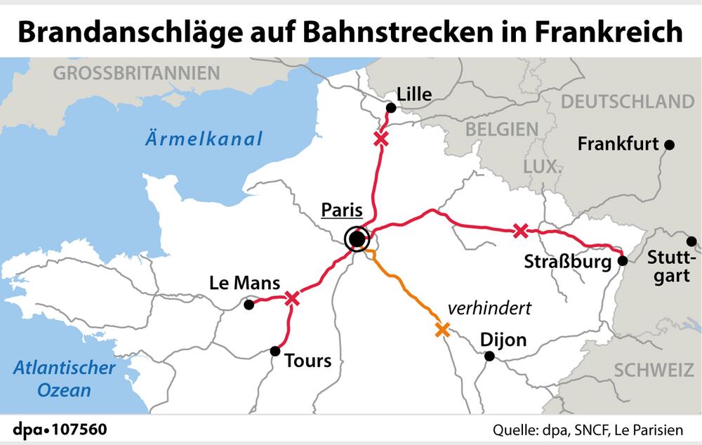 Grafik-Karte "Verortung der Brandanschläge und betroffene Strecken"