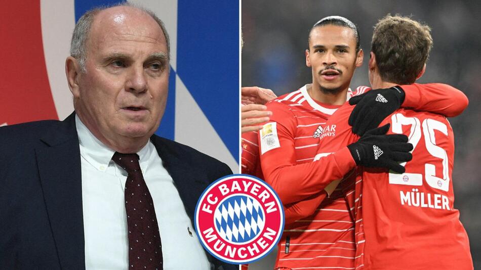 Bayern München Ehrenpräsident Uli Hoeneß und Spieler Leroy Sané und Thomas Müller