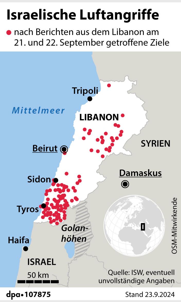 Grafik-Karte: "Israelische Luftangriffe im Libanon",