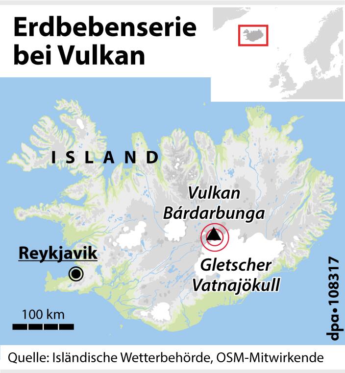 Grafik-Karte: "Lage des Vulkans Bárdarbunga am Gletscher Vatnajökull auf Island"