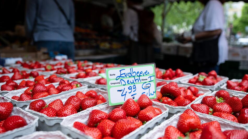 Marktstand mit Erdbeeren in München