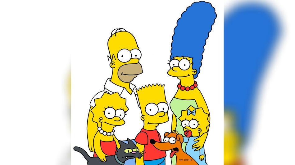 Die fünfköpfige Simpsons-Familie zusammen mit Hund Knecht Ruprecht und Cat Snowball.