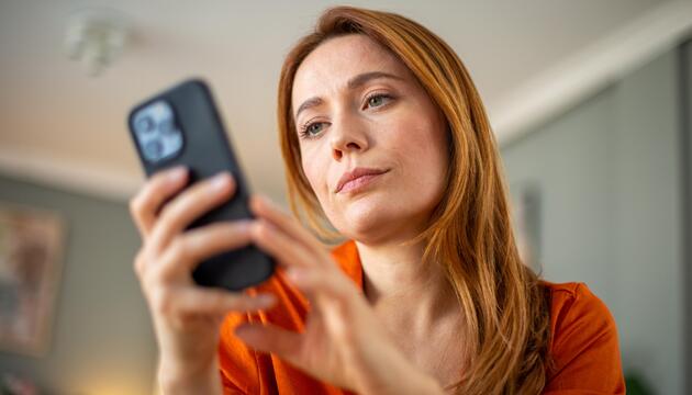 Frau schaut genervt auf ihr Smartphone