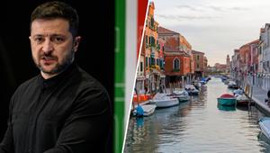 Bildkombo:  Präsident Wolodymyr Selenskyj und Insel Murano