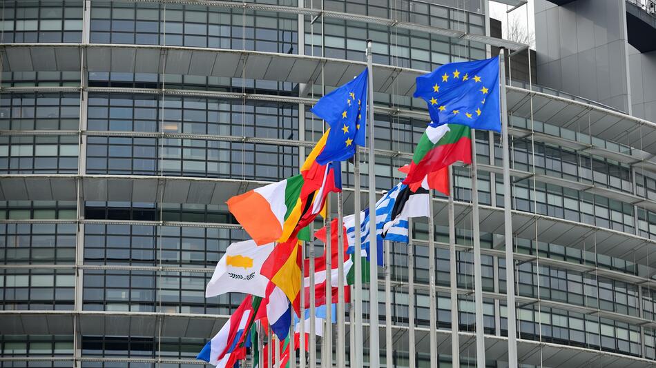 Flaggen der europäischen Mitgliedsstaaten vor dem Louise-Weiss Gebäude.