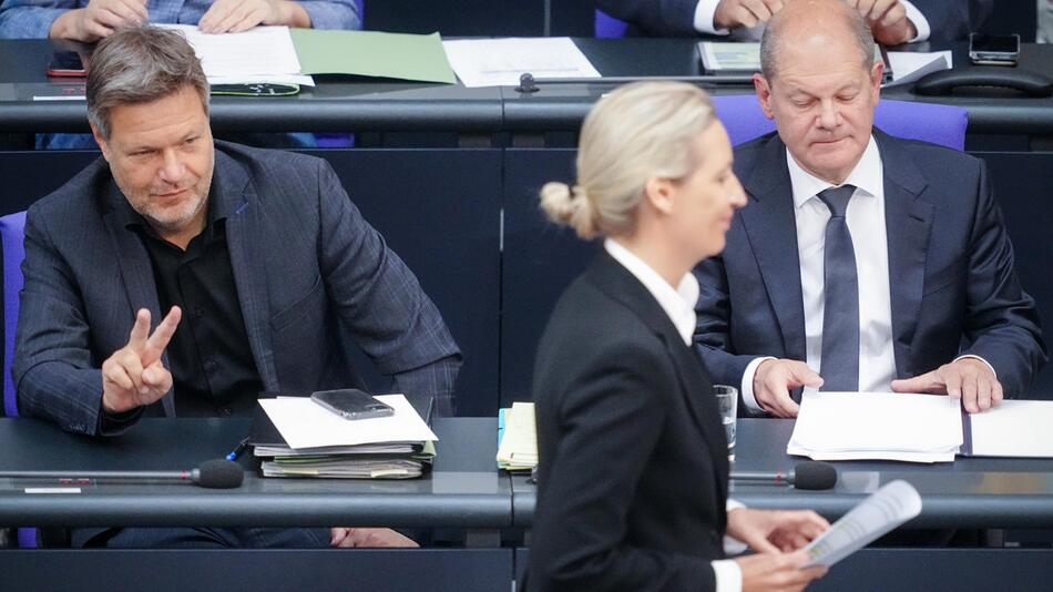 Alice Weidel geht an Habeck (l) und Scholz (r) vorbei