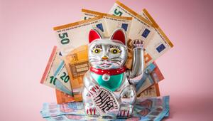 Japanische Glückskatze Maneki-neko mit Geldscheinen