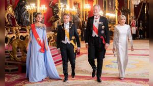 Königin Letizia, Emmanuel Macron, König Felipe und Brigitte Macron (v.l.) beim Staatsbankett in ...