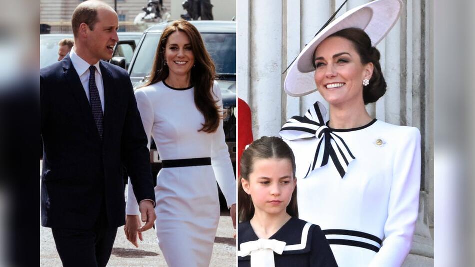 Prinzessin Kate trug das weiße Kleid bereits im Mai 2023 (l.), fügte nun aber einige Details hinzu.