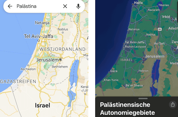 Auf Google Maps (links) oder Apple Maps (rechts) war der Ländername Palästina nie zu finden.
