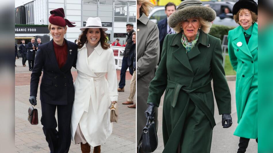 Zara Tindall (l.), Prinzessin Eugenie und Königin Camilla beim Pferderennen in Cheltenham.
