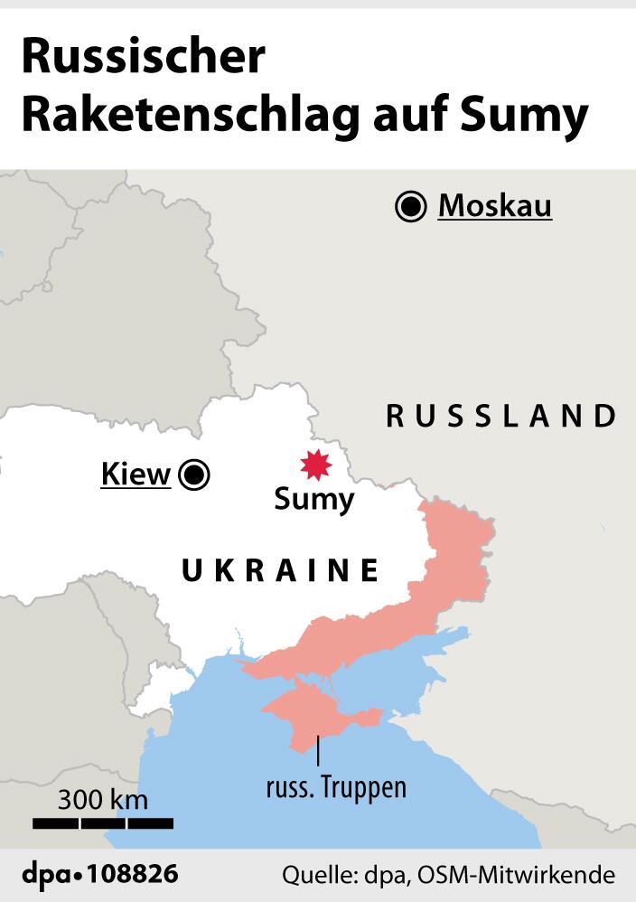 Grafik-Karte: "Verortung des Raketenschlags auf Sumy"