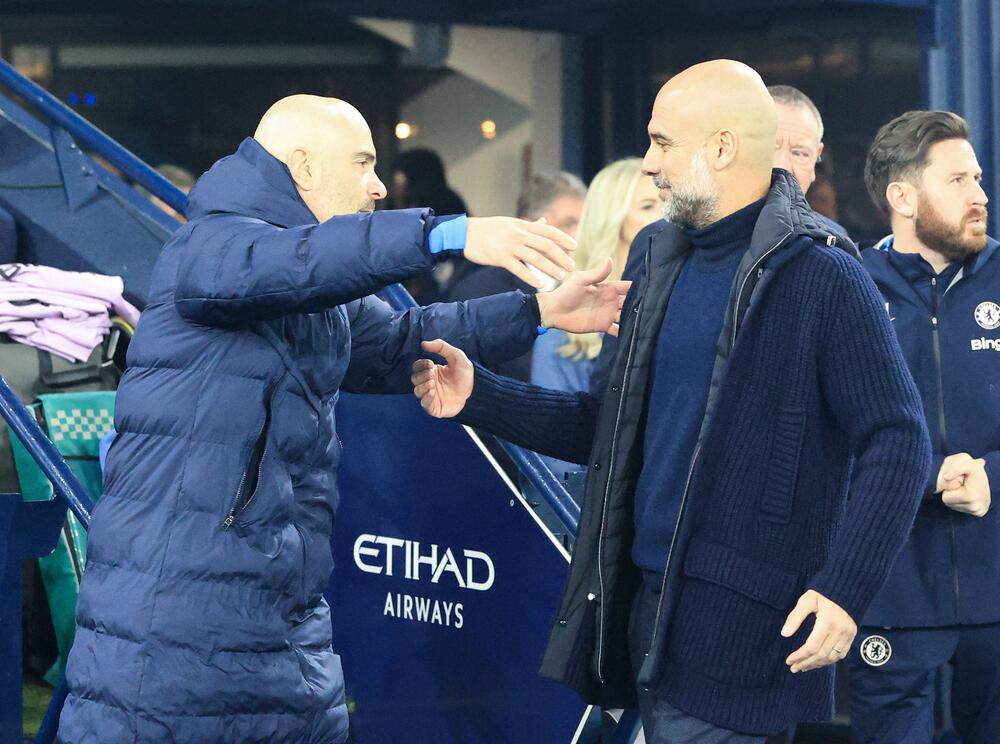 Enzo Maresca i Chelsea dhe trajneri i Man City, Pep Guardiola në janar 2025.