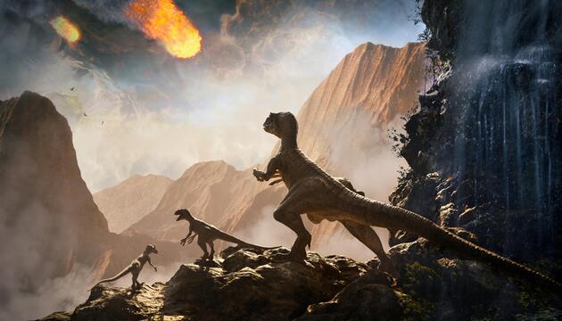Raptor Dinosaurier beobachtet Asteroideneinschlag